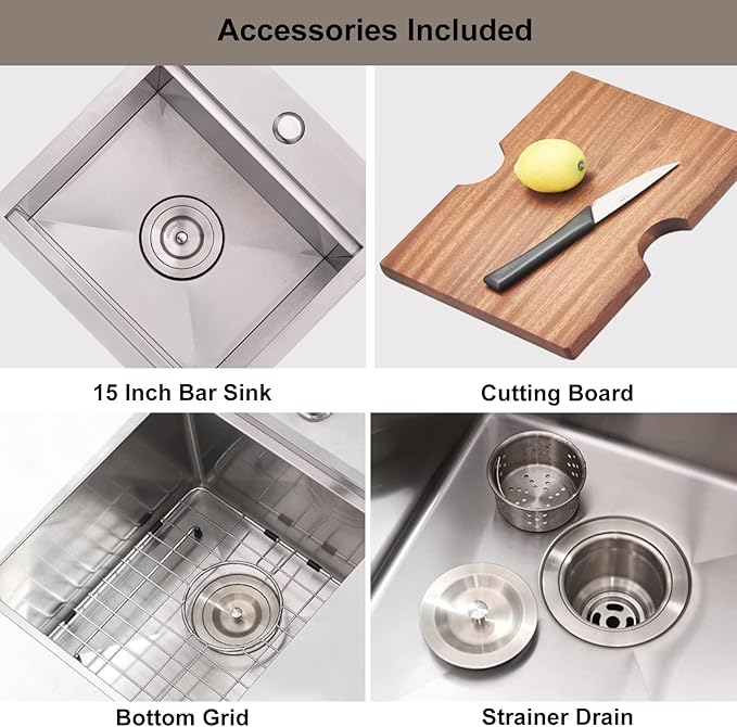 Bar Sink, 15 x 15 Inch Bar Sink Drop In, Stainless Steel Square Topmount Workstation Small Kitchen Sink, Single Bowl Kitchen Sink for Office Laundry Wet Bar Prep RV Outdoor Yard