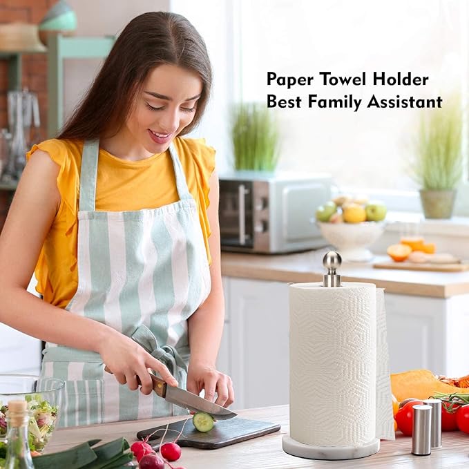 Paper Towel Holder Countertop, Standing Paper Towel Roll Holder for Kitchen Bathroom, with Weighted Base for One-Handed Operation (Marble Base, Brushed Nickel)