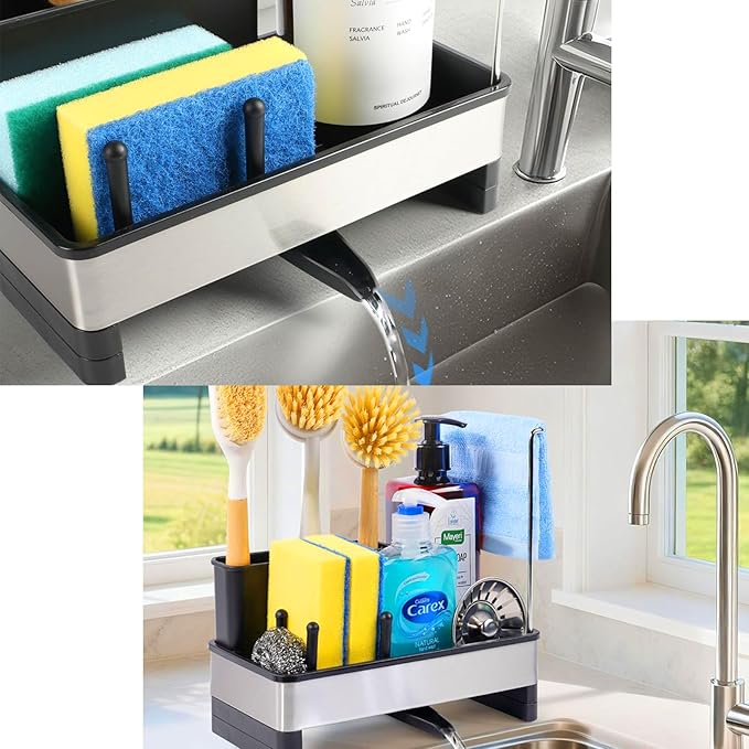 Sponge Holder for Kitchen Sink, Stainless Steel Sink Caddy with Brush Holder, Dishcloth Rack and Holds Soap Dispenser, Auto-Drain Rustproof Countertop Organizer (White)