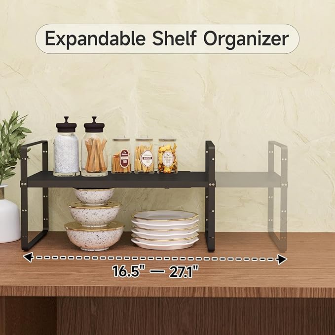 DPZM 16.5-27’’L Expandable Cabinet Countertop Shelf Organizer, Stackable Metal Shelves, Kitchen Organizers and Storage, Black Storage Spice Rack for Pantry and Cupboard