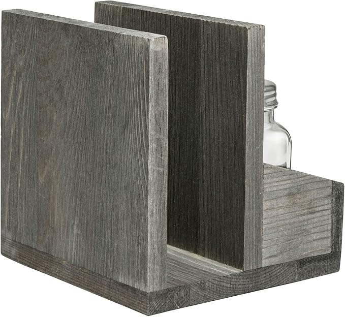 MyGift Napkin Holder with Salt and Pepper Shakers, Vintage Gray Solid Wood Table Napkin Holder, 2 Compartment Salt and Pepper Holder and Condiment Server with White EAT Label