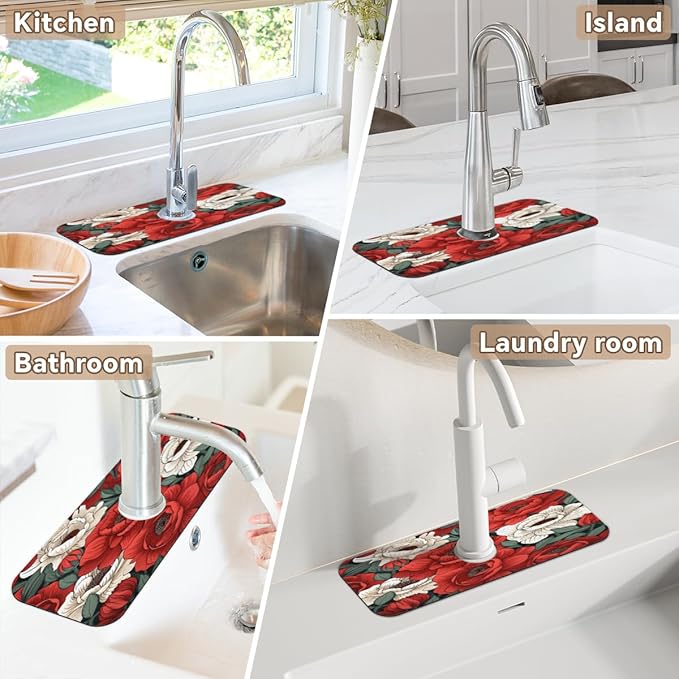 Red And White Roses Kitchen Faucet Mat Splash Guard, 15.4”x5.7” Absorbent Quick Drying Sink Mat for Countertop Protection, Draining Mat Sink Protectors For Kitchen Bathroom, 2 Pack