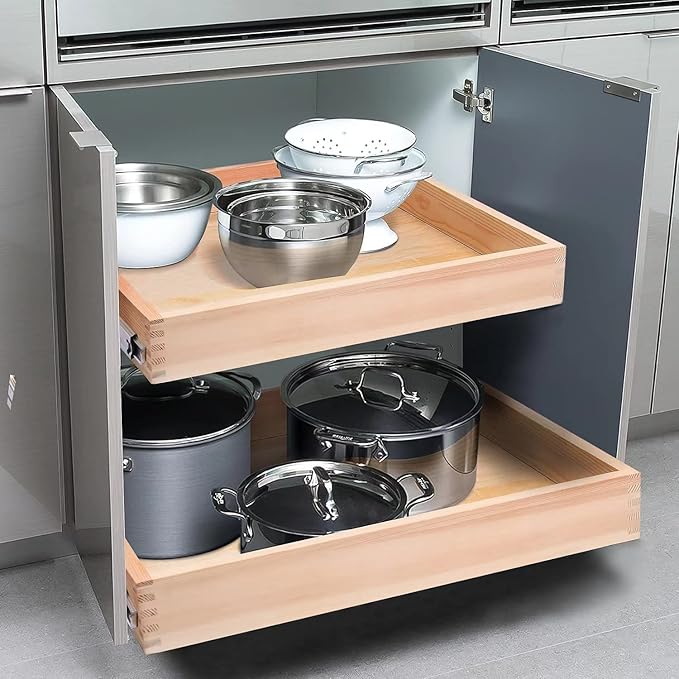 Mulush 23”W x 21”D x 3”H Soft Close Slide Out Wood Drawer Organizer for Kitchen, Bottom and Side Assembly (Cabinet Opening>23.5 inches for Bottom Assembly, Opening= 23 inches for Side Assembly)