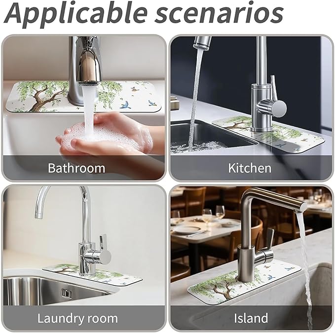 Kitchen Sink Splash Guard,willow tree Faucet Mat Sink Gadgets-Super Absorbent Fast Drying Mat Drip Catcher for Kitchen, Bathroom,Sink Mat, Dish Drying Mat, Bathroom(15" X 5.5" )