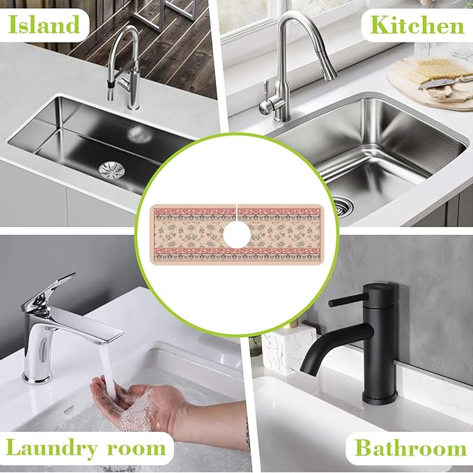 Sink Splash Guard Faucet Mat Retro Boho Flowers Absorbent Fast Drying Mat Sink Gadgets Splash Guard Behind Faucet Drip Catcher for Kitchen Bathroom 15.5"X5.5"