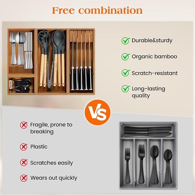 Piklohas Carbonized Bamboo Kitchen Silverwar Drawer Organizer,14.2 inch Length Natural Utensil Flatware Organizers Tray Storage for Spoons Forks & Knives