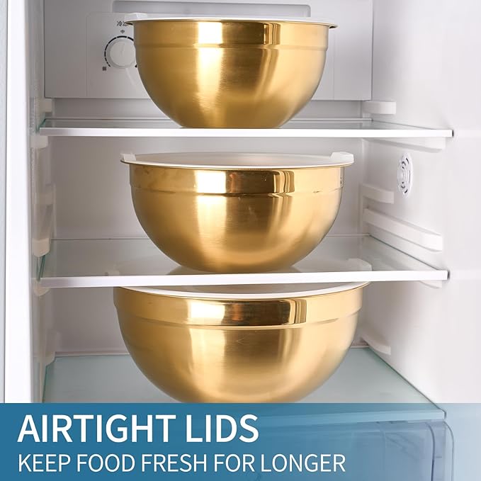 Onlycooker Gold Mixing Bowls With Airtight Lids,Stainless Steel Bowl,Salad Bowls 5 Piece Colorful Nesting Bowl Gold Kitchen Accessories,Size 5.5,3.6,2.7,2.1,1.5QT Stackable Design