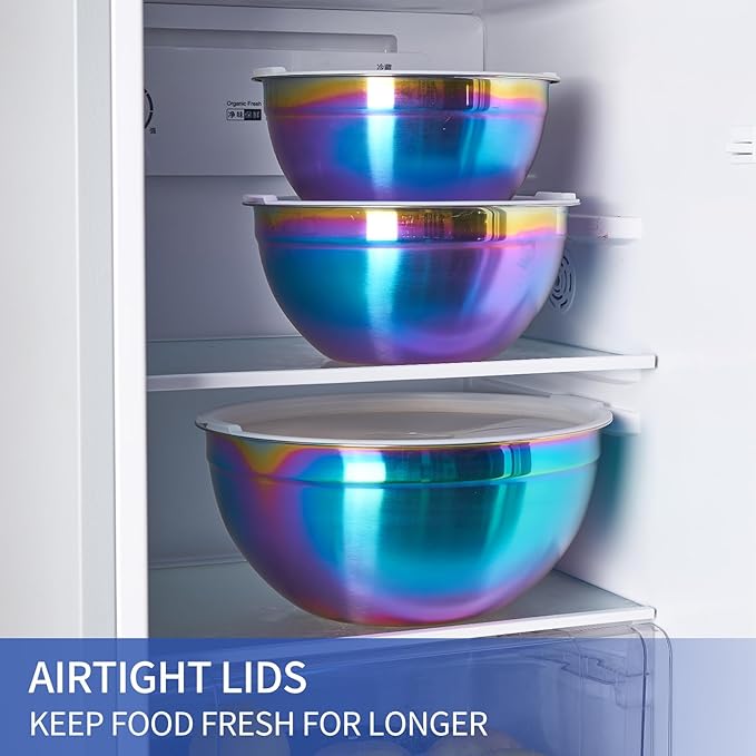 Onlycooker Rainbow Mixing Bowls With Airtight Lids,Stainless Steel Bowl,Salad Bowls 7 Piece Colorful Nesting Bowl Rainbow Kitchen Accessories,Size 7,3.6,2.7,2.1,1.5,1.1,0.8QT Stackable Design