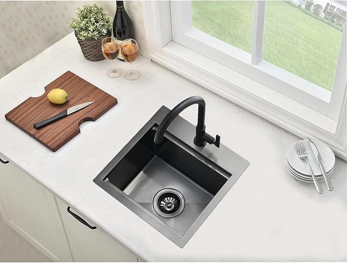 Black Bar Sink Drop In-15x15 Inch Kitchen Sink Stainless Steel Square Small Topmount Workstation Sinks,Single Bowl Kitchen Sinks for Office Laundry Wet Bar Prep RV Outdoor Yard