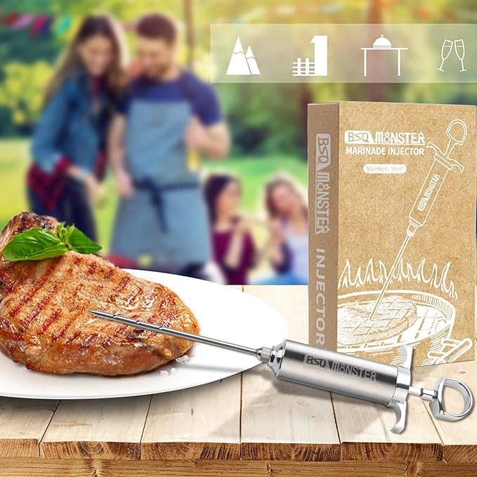 BSQ MONSTER Meat Injector Syringe Kit with 4 Professional Marinade Injector Needles for BBQ Grill Smoker, Turkey and Brisket; 2-oz Large Capacity, Including Paper User Manual, Recipe E-Book (PDF)