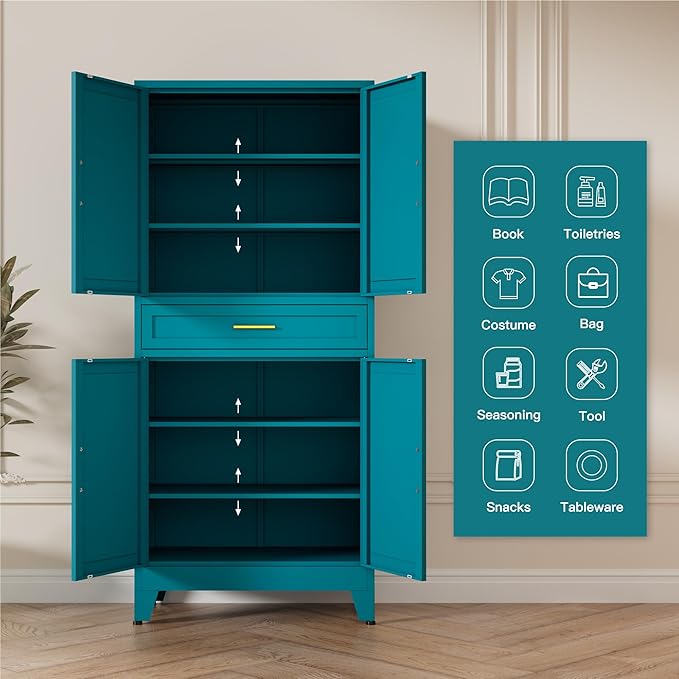 LCAOPC 71" Tall Pantry Storage Cabinet with Drawer and Adjustable Shelves, Freestanding Tall White Kitchen Cupboard Storage Cabinet for Kitchen,Dining Room, Living Room, Blue