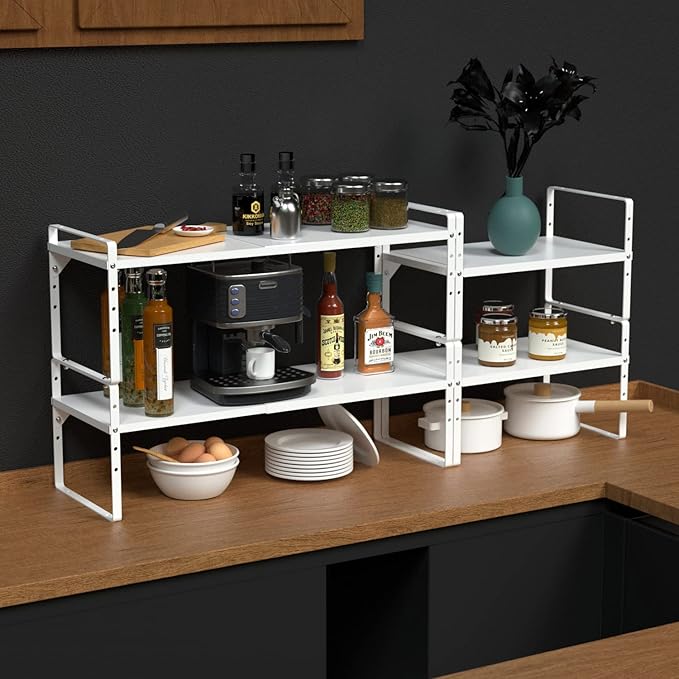 KIKIBRO Expandable Cabinet Shelf Organizer, Stackable Kitchen Pantry Counter Storage, Adjustable Closet Cupboard Stand Rack Risers Spice Organization 80LBS Heavy Duty White 2 Pack