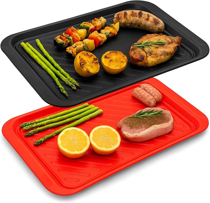 TP Grilling Prep and Serve Trays, 17 x 10.5 inch BBQ Trays for Cooked and Raw Foods, Set of 2 Melamine Serving Platters for Meats, Grill Accessories, Black and Red