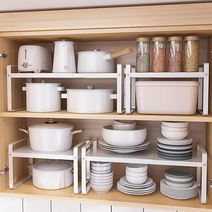 Expandable Cabinet Shelf, Lengths Adjustable Shelf Organizer Riser, Metal Space-Saving Cupboard Organizers for Kitchen Cabinet Pantry Cupboard Under Sink Countertop, White