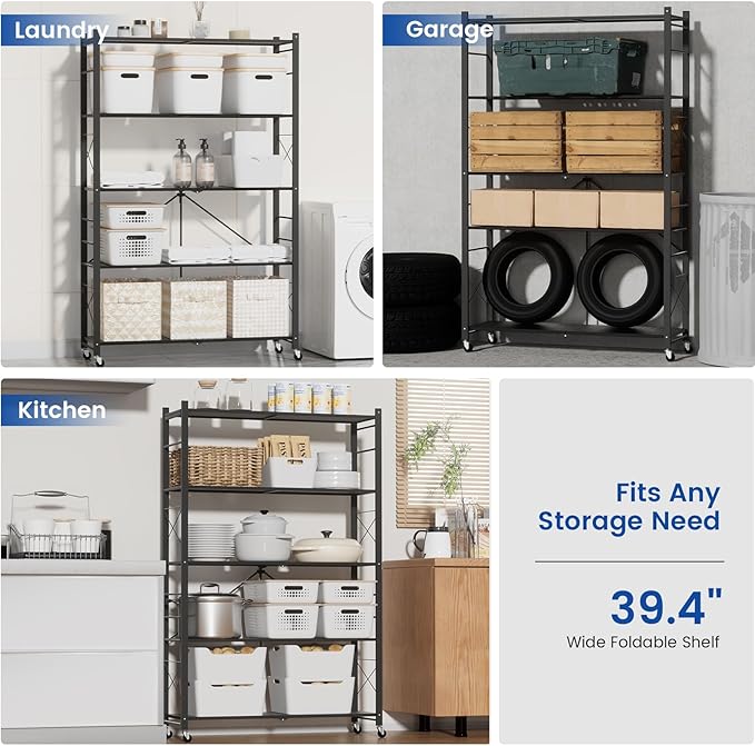 ALANNG 40" W Foldable 5-Tier Storage Shelves with Wheels, Adjustable & Removable Metal Rack, Heavy Duty Rolling Organizer for Kitchen, Garage, Closet, Pantry, and Office (Black,3 Pack)