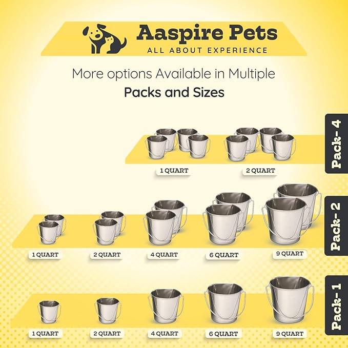 4 quart Stainless Steel Flat Side Bucket | 1 gal Durable Heavy Duty Food & Water Feeding Pails for Birds Dogs Cats Goat | Fits kennels Cages Critter Crates Hanging Pet Pail | Multipurpose