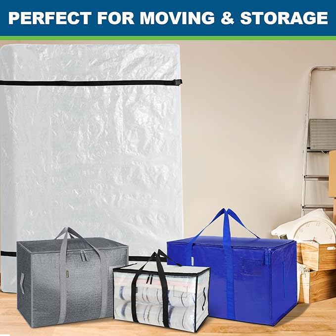 TICONN Mattress Bags for Moving, Heavy Duty Full Mattress Cover Storage Bag with Full-Around Handle and Adjustable Buckles (Clear, Full)
