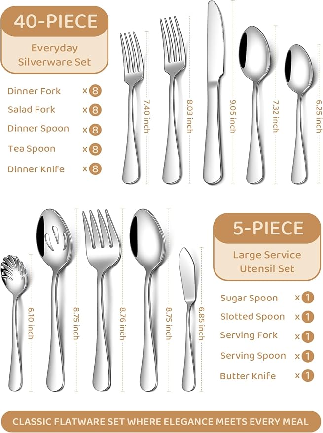 Silverware Set with Serving Utensils, 45 Piece Food-Grade Stainless Steel Flatware Set include Hostess Serving Utensil Set, Mirror Polished Cutlery Set for Home Kitchen Restaurant,Dishwasher Safe