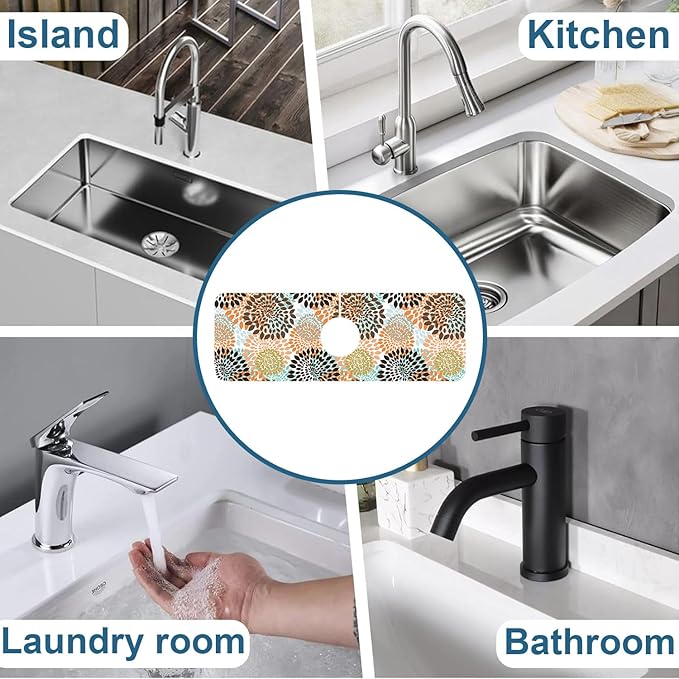 Vintage Flowers Kitchen Sink Splash Guard Faucet Mat Abstract Floral Super Absorbent Fast Drying Mat Sink Splash Guard Behind Faucet for Kitchen Bathroom, 15.5"x5.5"