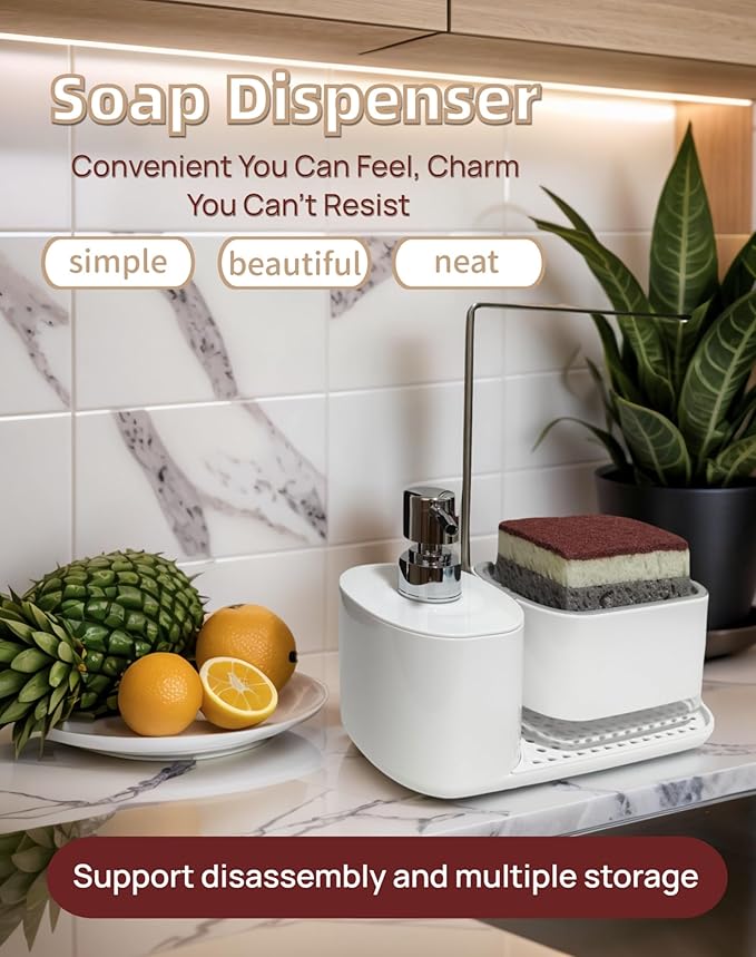 Dish Soap Dispenser & Sponge Holder 3-in-1 with Dual Pump & Drain Tray & Drying Pole - Multifunctional Kitchen Sink/Bathroom Organizer for Sponges and Hand Soap (White)