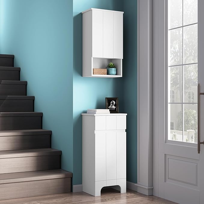 VANIRROR Small Bathroom Cabinet with Adjustable Shelves, Drawer, Anti-Tip Design, 14.96" L x 11.81" W x 32.09" H, Durable MDF for Bathroom, Kitchen, Laundry, Soft-Close Door