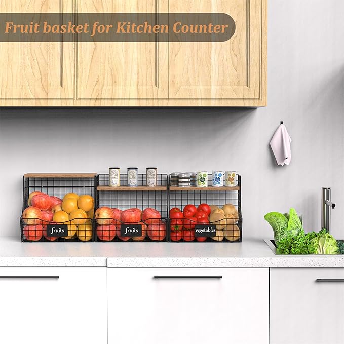 3 Pack Fruit Basket for Kitchen with Wood Lid - Counter&Wall Mounted Onion and Potato Storage with Nameplate, Stackable Storage Basket, Hanging Metal Wire Baskets Kitchen Countertop Organizer Pantry