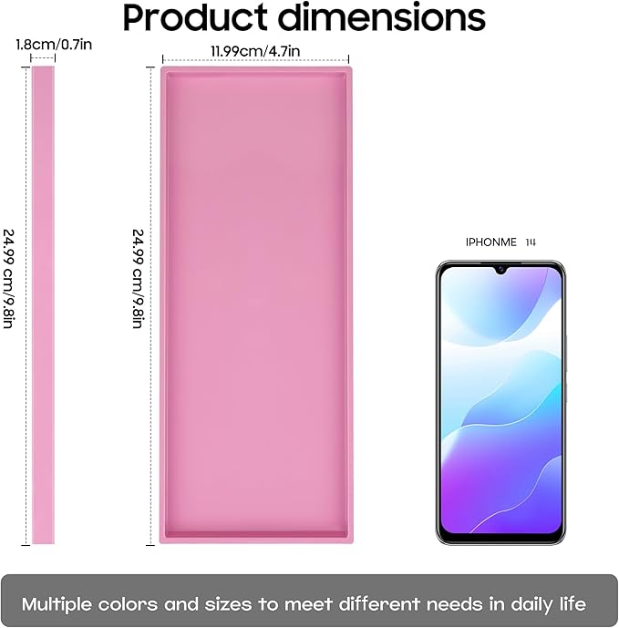Mriluvy Vanity and Bathroom Tray, 9.8" ABS Countertop Organizer,Waterproof Vanity Tray for Toilet Tank,Perfume,Soap,Keys,Bathroom Accessories,Kitchen and Bath Trays,Non Slip Small Trays,Pink