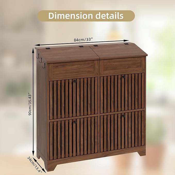 Potato and Onion Storage Bins Box, Mid Century Modern Tall Large Fruit and Vegetable Basket Storage, Walnut 4 Doors Kitchen Pantry Cabinet for Snack, Wooden Bread Storage, 3 Tier, Magnetic Flip-top