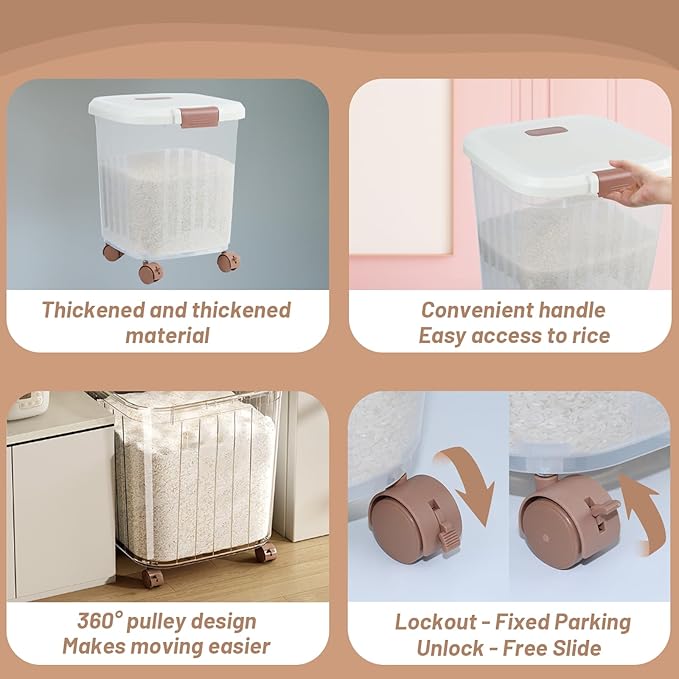 30 LB+50 LB Airtight Flour Rice Storage Container, Airtight Cereal Grain Dry Food Storage Container Bin with Wheel, For Rice | Grain | Pet Food | Flour, 2 count(Clear)