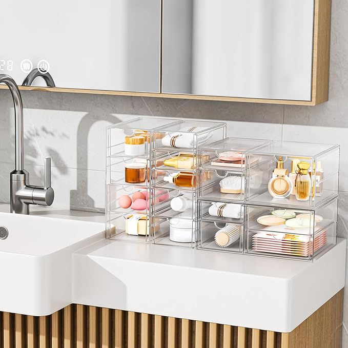 Clear Stackable Storage Drawers, Acrylic Makeup Organizer with 7 Drawers, Bathroom Organizers and Storage, Plastic Bins for For Vanity, Undersink, Kitchen Cabinets, Pantry