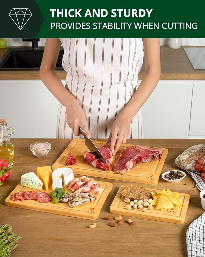ROYAL CRAFT WOOD Premium Cutting Board Set β Non Toxic Bamboo & Wooden Cutting Boards for Kitchen Meal Prep, Durable Butcher Block for Meat with Side Handles, Deep Juice Groove, Charcuterie & Chopping