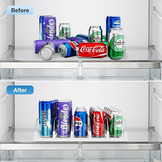 Drink Organizer for Fridge,5 Rows Fridge Soda Can Organizer,20oz 16oz 12oz-Self Pushing Soda Dispenser for Fridge,Adjustable Width-Holds up to 25 Cans,White