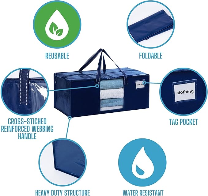 VENO 6 Pack Heavy Duty Moving Bags, Christmas Storage Bins with Lids, Transparent Window Design, Alternative to Moving Boxes, Storage Bags for Clothes, Blankets, Comforters, Pillows (Blue, 6 Pack)
