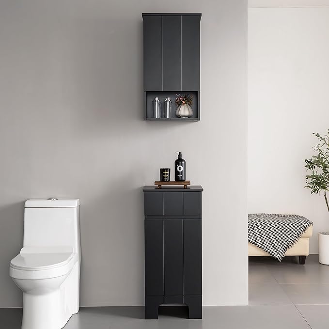 VANIRROR Small Bathroom Cabinet with Adjustable Shelves, Drawer, Anti-Tip Design, 14.96" L x 11.81" W x 32.09" H, Durable MDF for Bathroom, Kitchen, Laundry Storage, Soft-Close Door