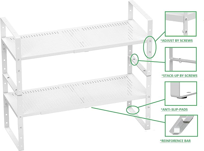 Expandable Shoe Rack Stackable Metal Pantry Storage Shelves Stand Adjustable Height Cabinet Shelf Organizer Racks Spice Shelving(1PACKS/WHITE,LARGE)