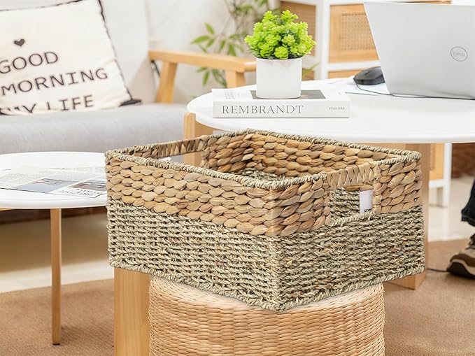 YAHUAN Natural Water Hyacinth & Seagrass Woven Storage Baskets – Wicker Storage Basket Organizer Bins with Handles for Home & Office Pantry Shelf (Large)