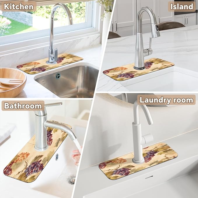 Vintage Grape Kitchen Faucet Mat Splash Guard, 15.4”x5.7” Absorbent Quick Drying Sink Mat for Countertop Protection, Draining Mat Sink Protectors For Kitchen Bathroom, 1 Pack