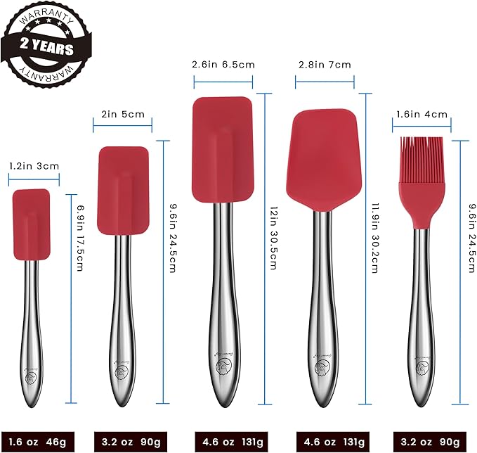 5pcs Silicone Spatula Cooking Utensils Set with Stainless Steel Handles, Premium Heat-Resistant Kitchen Utensils for Baking, Spoonula & Silicone Brush Included, Safe for Nonstick Cookware (Red)