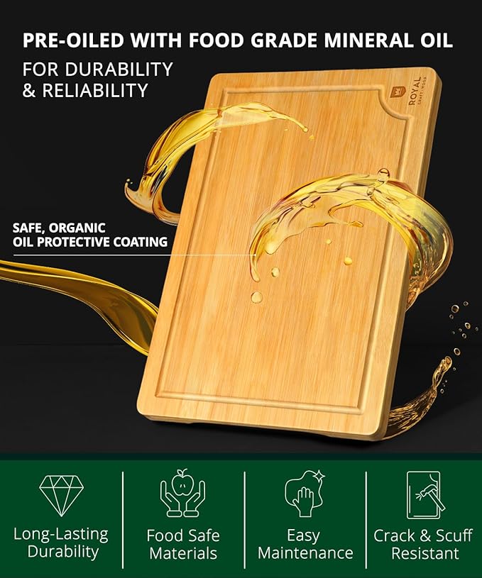 ROYAL CRAFT WOOD Wooden Cutting Boards for Kitchen Meal Prep & Serving - Bamboo Wood Serving Board with Deep Juice Groove Side Handles - Charcuterie & Chopping Butcher Block for Meat
