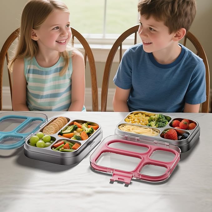 G.a HOMEFAVOR Stainless Steel Lunch Box - 4 Compartments Bento Box for Kids, Leakproof Metal Food Container for School, Office, Dishwasher Safe, Shatterproof, 27 oz, Pink
