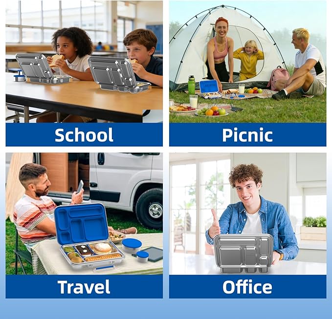 Stainless Steel Bento Box for Adults, 31.6 oz Leakproof 5-Compartments Stainless Steel Bento Containers, Metal Lunch Box with 2 Container, Dishwasher Safe, Design for Office,Outdoor, BPA-Free Blue