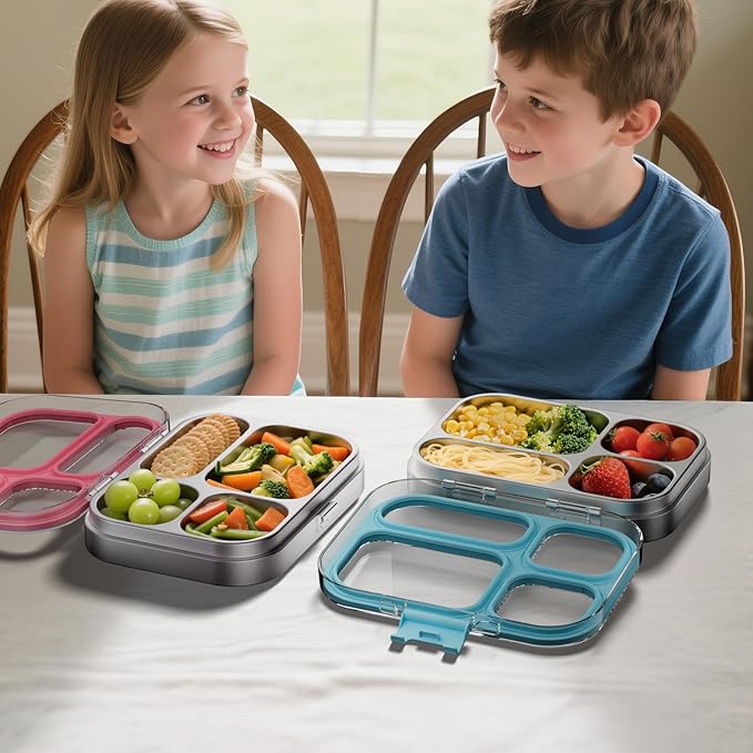 G.a HOMEFAVOR Stainless Steel Lunch Box - 4 Compartments Bento Box for Kids, Leakproof Metal Food Container for School, Office, Dishwasher Safe, Shatterproof, 27 oz, Blue