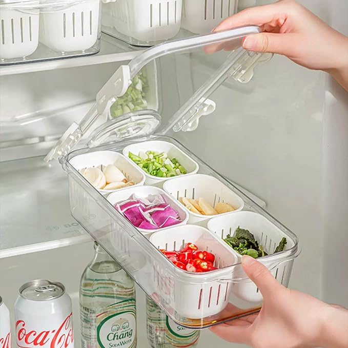 MineSign 2Pack Divided Food Serving Tray with Lids Stackable Snackle Box for Candy Nuts Spice Fruit&Veggie Container with 6 Small Dividers Plastic Storage Bins for Fridge Pantry Freezer