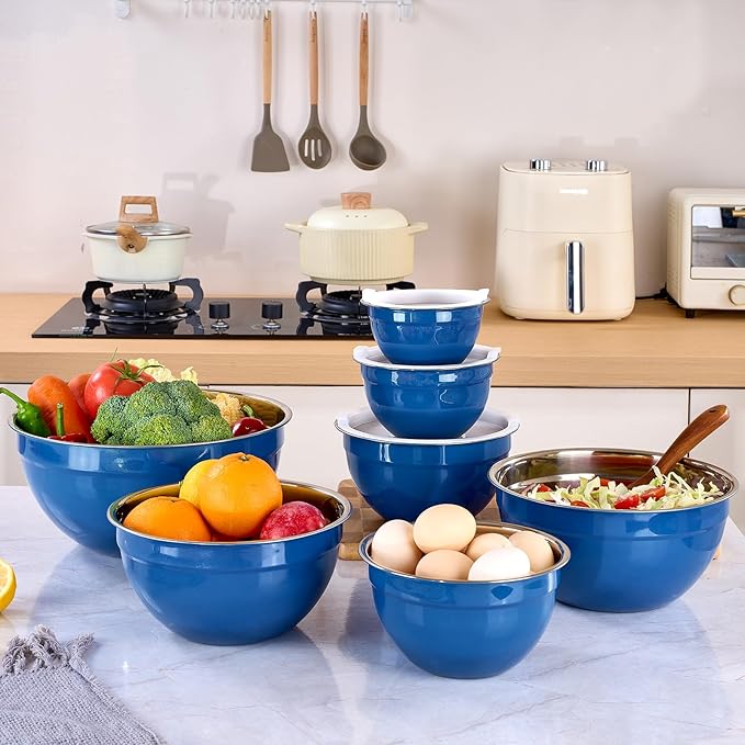 LKTDYMEG Blue Mixing Bowls with Lids Set of 7, Stainless Steel Nesting Bowl with Khaki Lid for Non-slip Mixing Prepping Storing Serving, 7 Sizes-7/3.6/2.7/2.1/1.5/1/0.8 QT