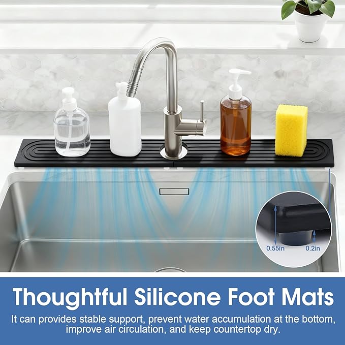 Stone Faucet Mat for Kitchen Sink, Large Fast Drying Stone Faucet Mat for Kitchen Sink with Raised Feet, Prevent Moisture Drying Diatomite Fast Tray, Dark Gray, 30" x 4"