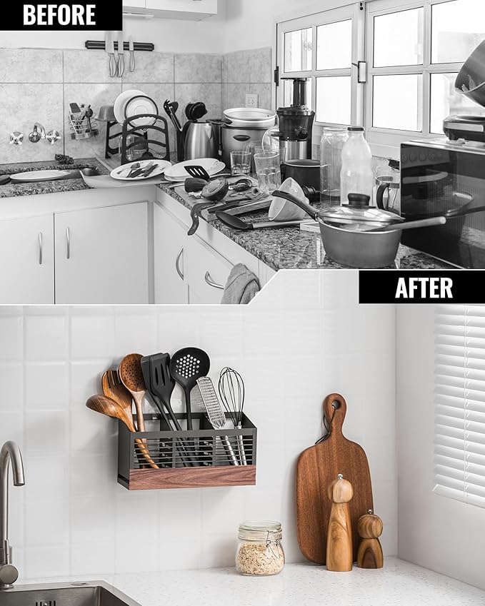 awesohome Utensil Holder for Kitchen Counter, Cooking Utensil Holder with Stone Drying Mat for Storage Spatula, Ladle, Scoop in Farmhouse Countertop with Wooden Pattern Printed, Matte Grey