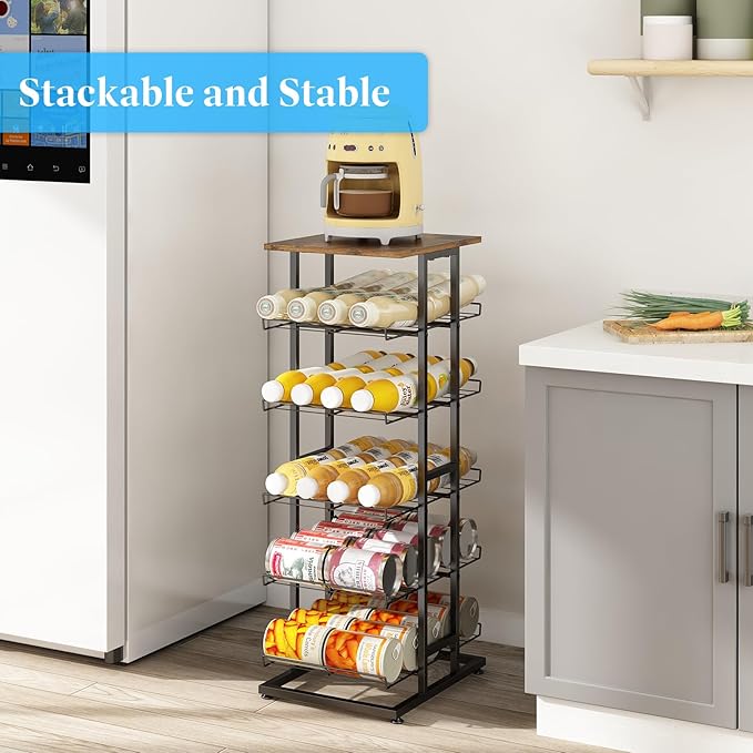 GILLAS 3 5 6 7 8 Tier Water Bottle Storage with Wooden Tabletop,Metal Beverage Can Rack,Large Capacity Bottled Rack Water Bottle Holder Stand for Cabinet,Countertop Kitchen,Party,Black
