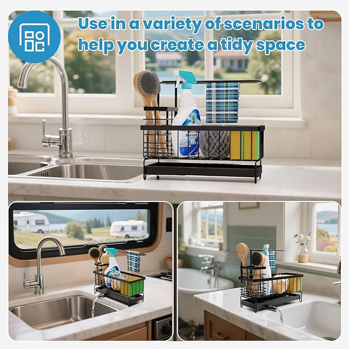Kitchen Sink Caddy, Sponge Holder with Towel Holder, Kitchen Holder for Sink with 360 Degree Rotating Drain, Carbon Steel Rustproof, Kitchen Sink Caddy Sponge Holder for Gadgets and Decor