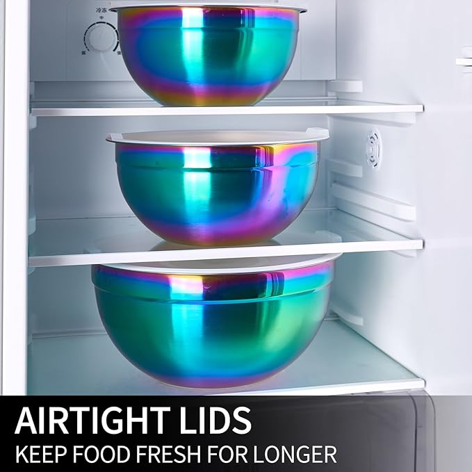 LKTDYMEG Rainbow Mixing Bowls with Lids Set of 7, Stainless Steel Nesting Bowl with Khaki Lid for Non-slip Mixing Prepping Storing Serving, 7 Sizes-7/3.6/2.7/2.1/1.5/1/0.8 QT