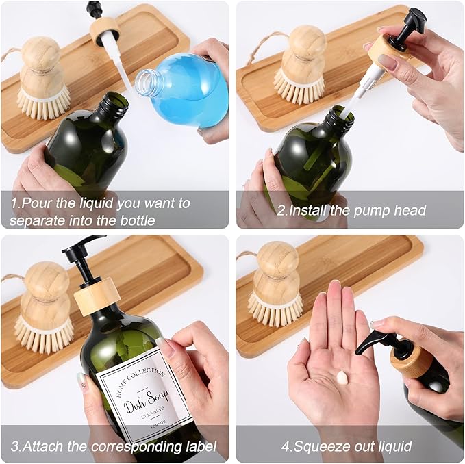 Zopeal 4 Pcs 16 oz Kitchen Soap Dispenser Set with Bamboo Tray and Dish Brush Plastic Soap Dispenser Set with Waterproof Labels for Hand Dish Lotion(Green)